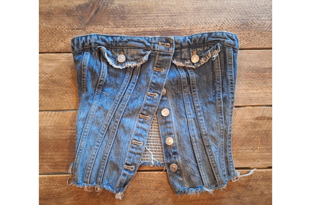 Zara Blue Denim Strapless Corset Top, Button Front Stretch 90s, Women’s Sm